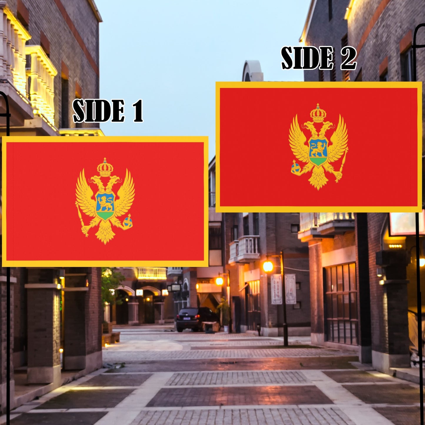 Luv My Flag displays red flags in illuminated urban alley.