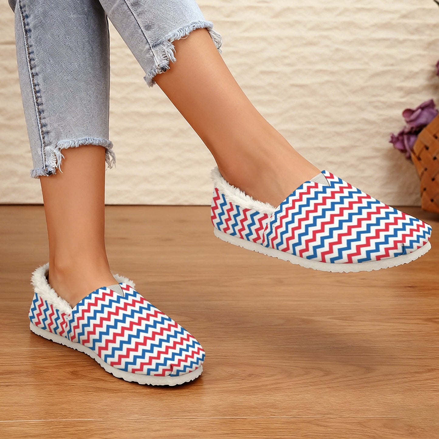 USA/American Flag Inspired Chevron Pattern Women's Fleece-Lined Canvas Slip-On