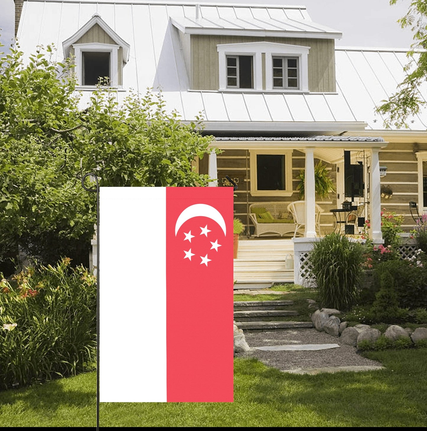 Cozy cottage porch with Luv My Flag Singapore flag.