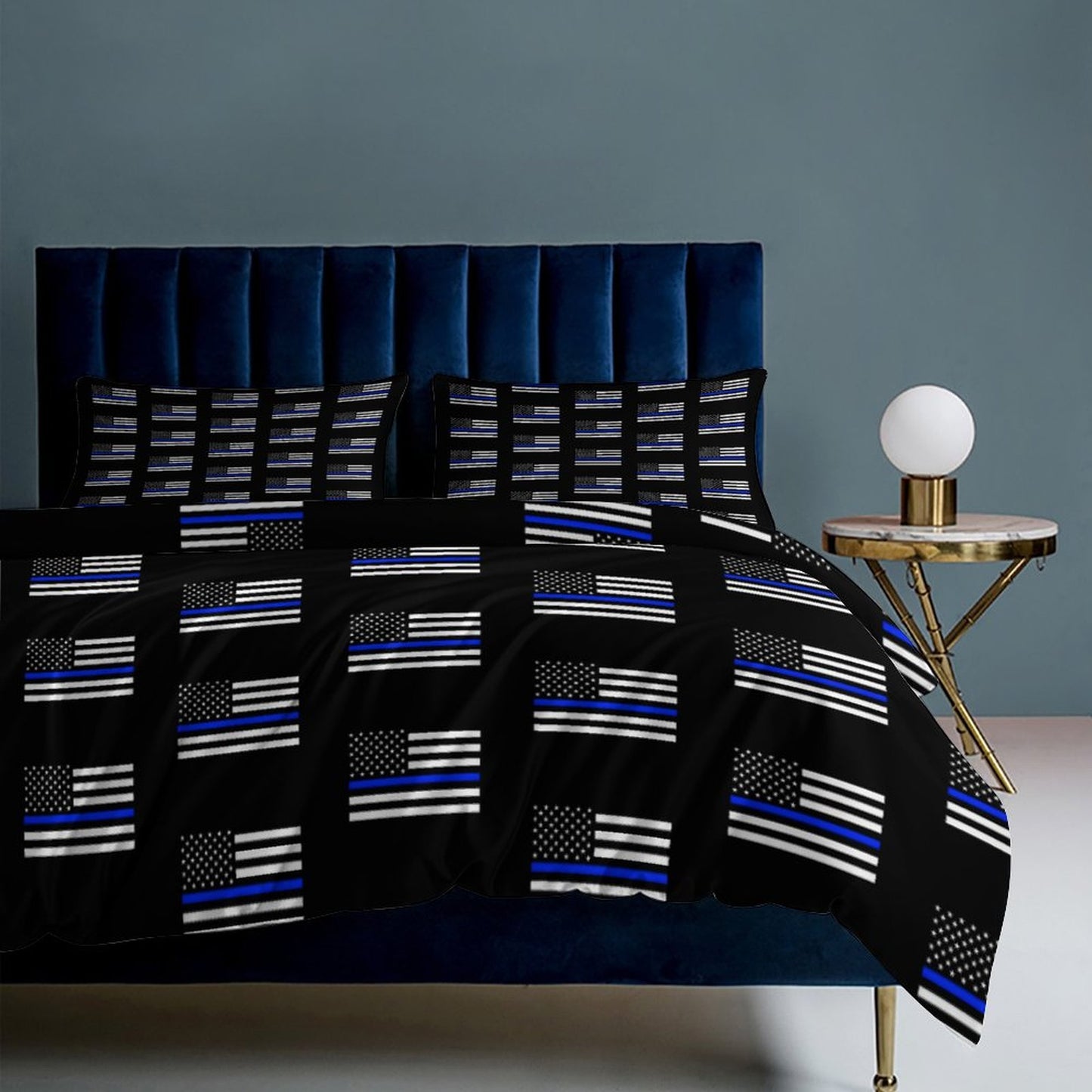 Thin Blue Line Flag Inspired 3-Piece Bedding Set (1 Duvet Cover + 2 Pillow Shams) – 102"×90"