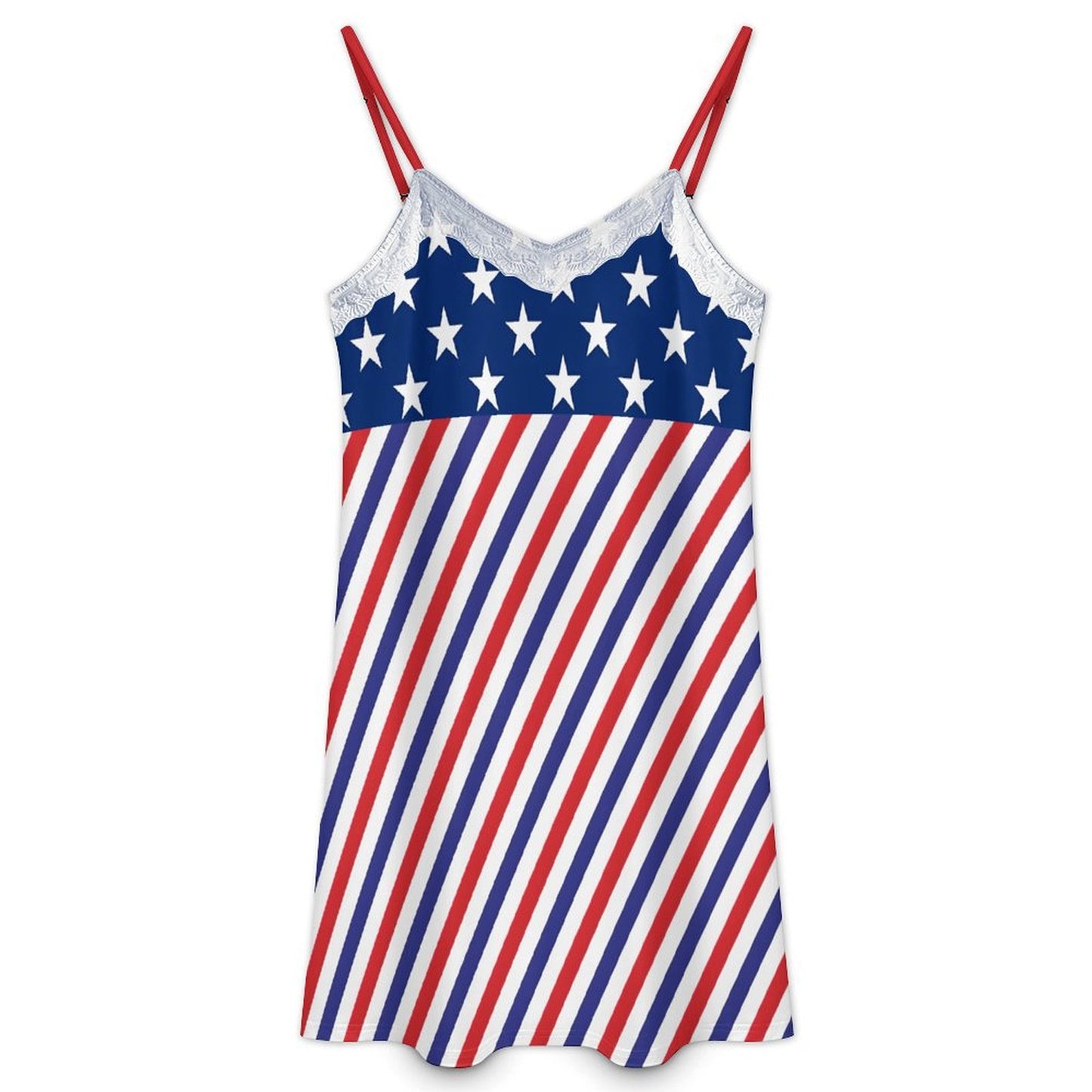 USA/American Flag Inspired Stars and Stripes Pattern Lace Trim Camisole Nightgown