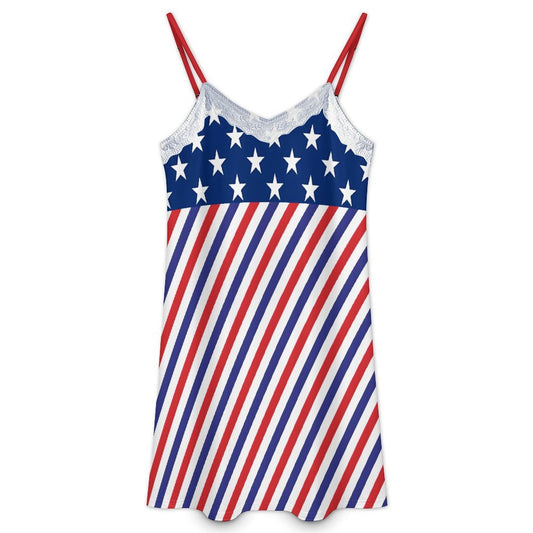 USA/American Flag Inspired Stars and Stripes Pattern Lace Trim Camisole Nightgown