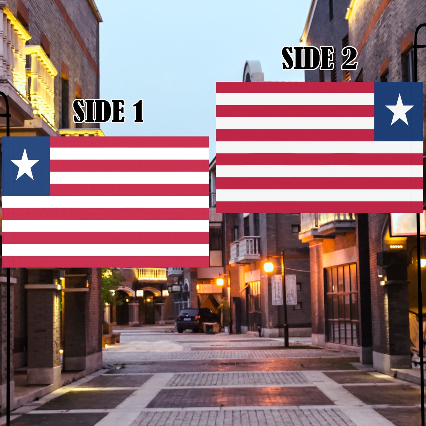 Luv My Flag banner displayed on quiet evening street.