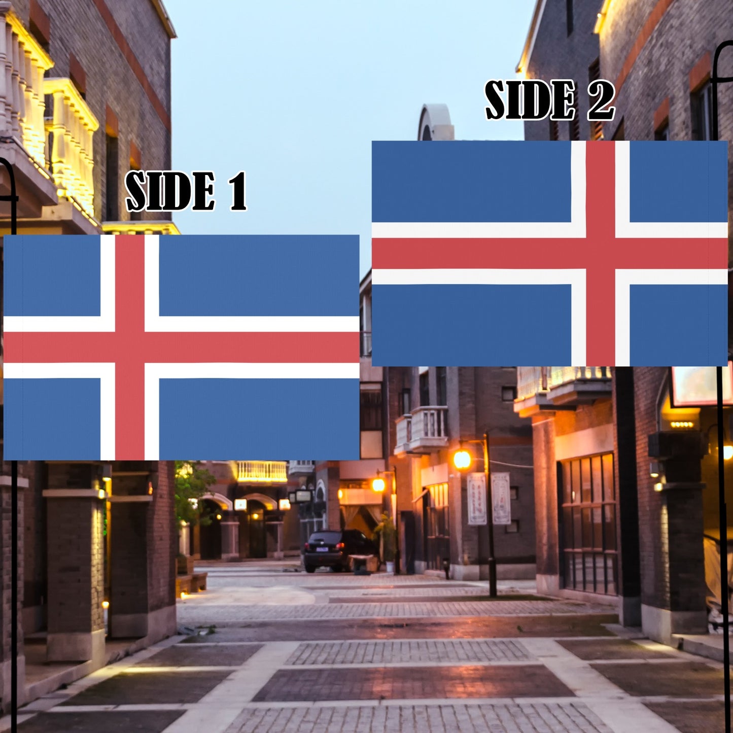 Street scene with two Icelandic flags by Luv My Flag.