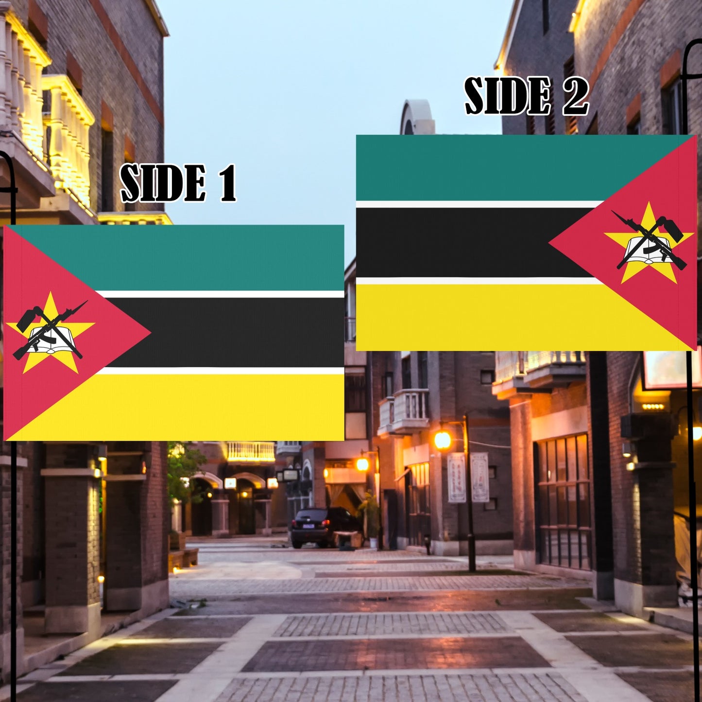 Luv My Flag dual-sided Mozambique flag in urban setting.