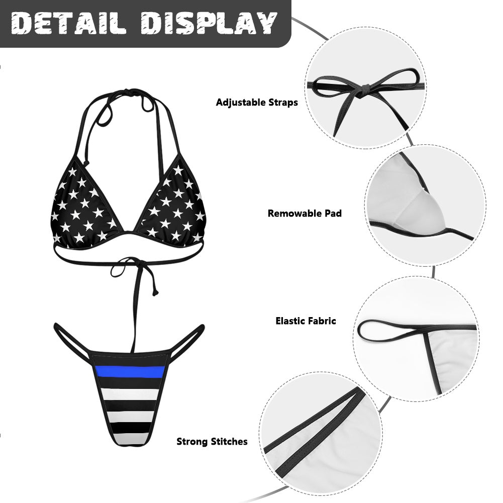 Thin Blue Line Flag Inspired Women's Triangle Bikini with Thong Bottom