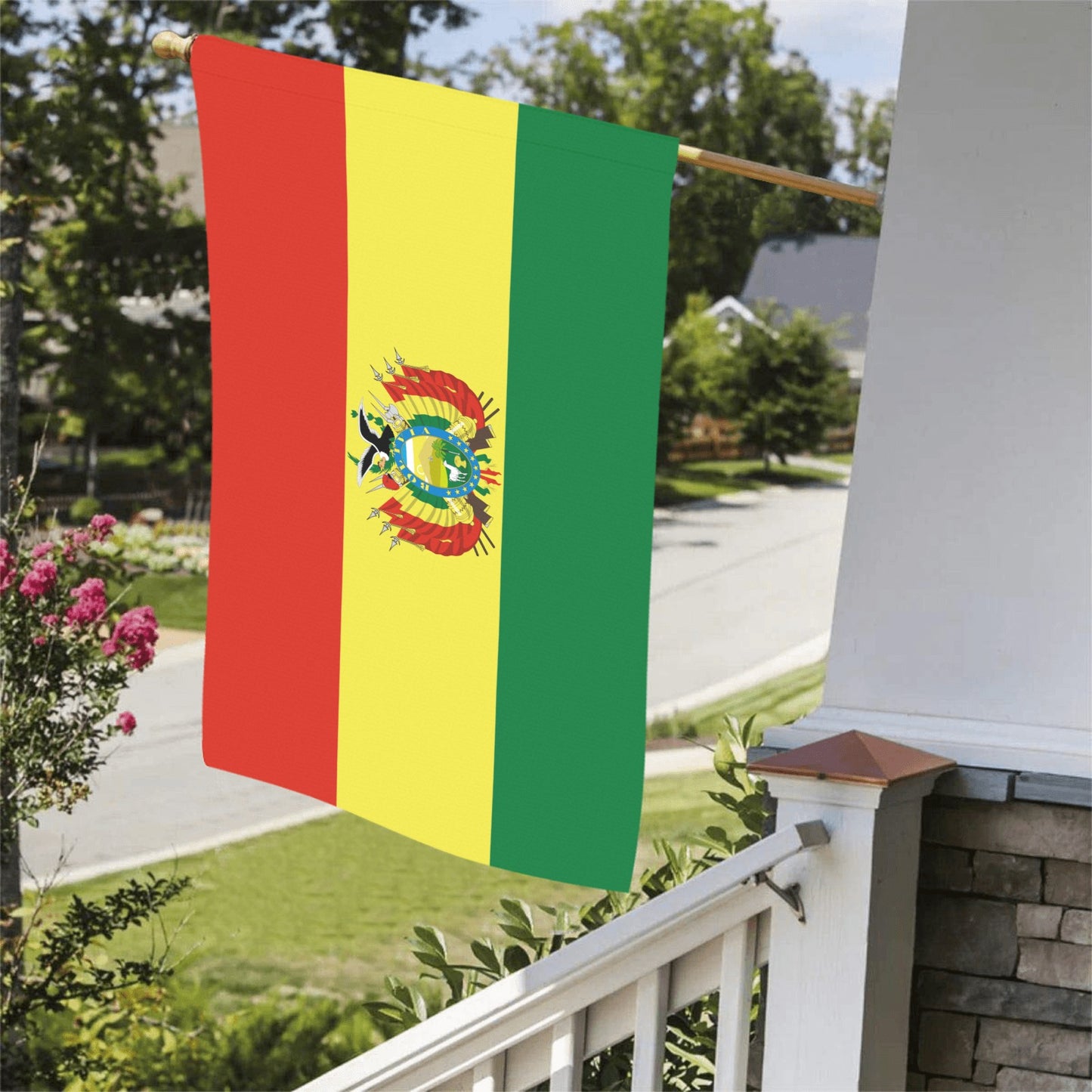 Luv My Flag Bolivian flag hanging on porch railing.