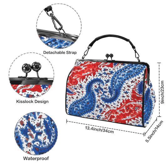 USA/American Flag Inspired Red White & Blue Floral Paisley Kisslock Crossbody Shoulder Bag-Large