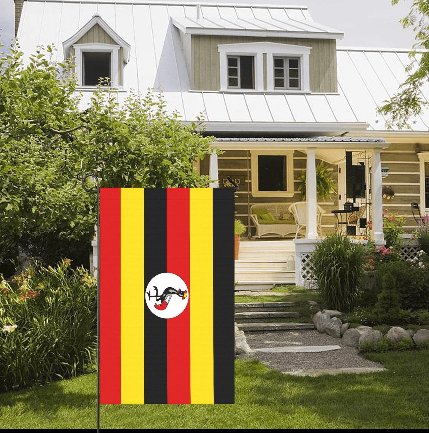 House garden with Luv My Flag, Uganda colors displayed.