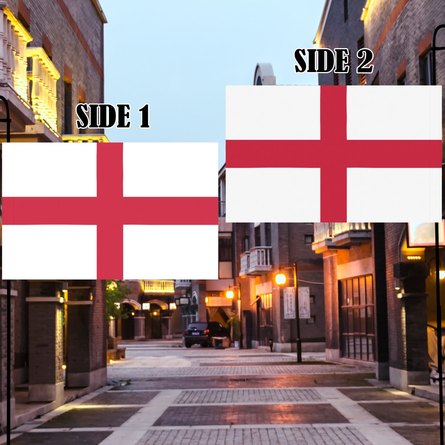 Two "Luv My Flag" English flags in a street.