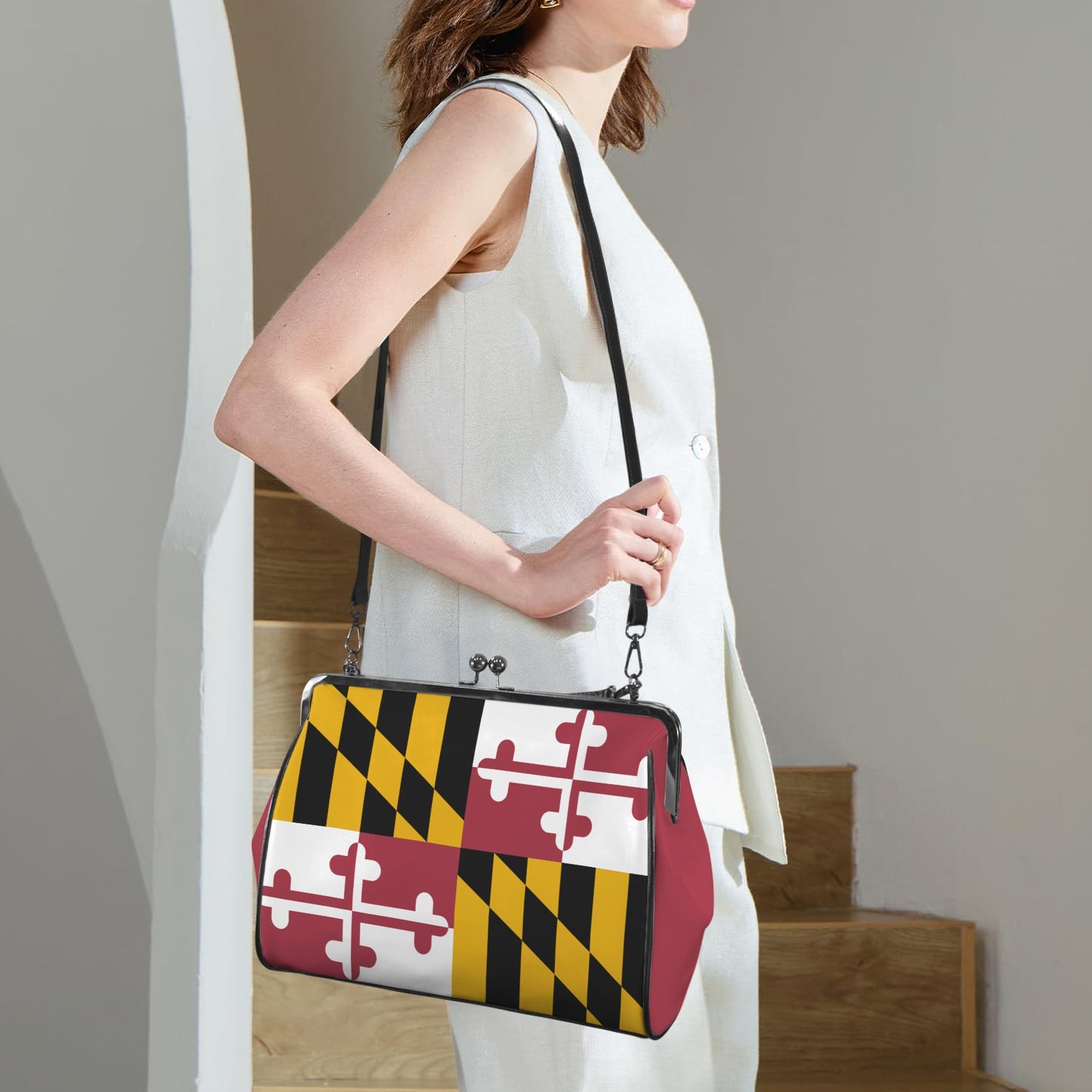 Maryland Flag Inspired Kisslock Crossbody Shoulder Bag-Large