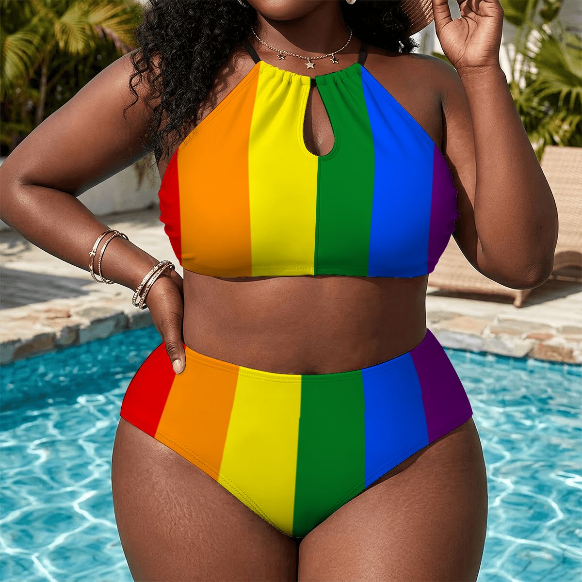 Rainbow Flag Inspired Plus Size High Waisted Bikini