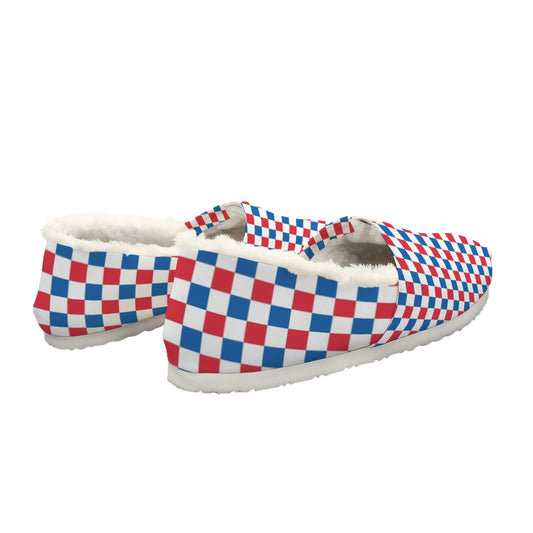 USA/American Flag Inspired Checkered Pattern Women's Fleece-Lined Canvas Slip-On