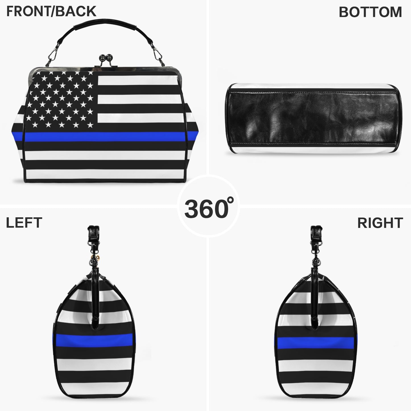 Thin Blue Line Flag Inspired Kisslock Crossbody Shoulder Bag-Large