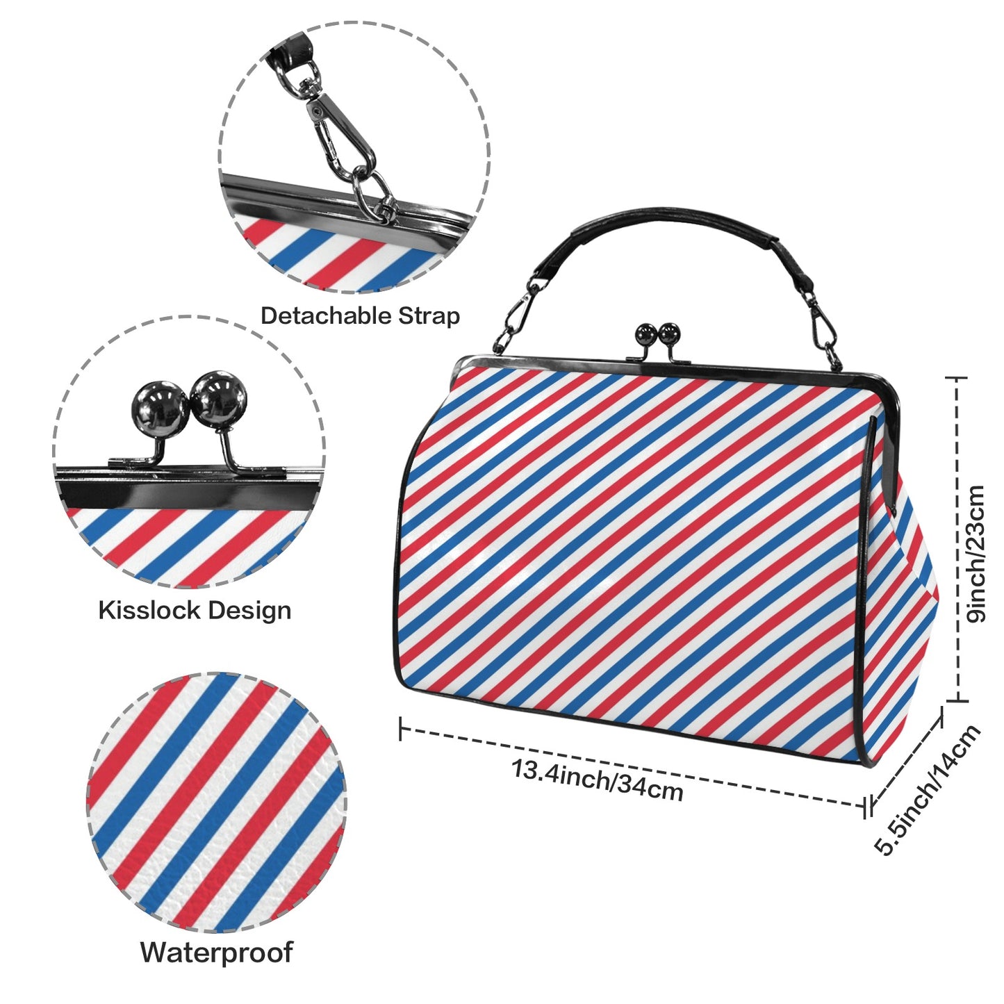 USA/American Flag Inspired Striped Pattern Kisslock Crossbody Shoulder Bag-Large