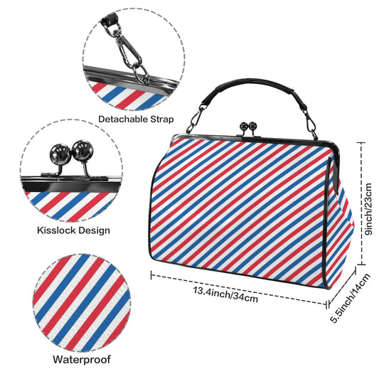 USA/American Flag Inspired Striped Pattern Kisslock Crossbody Shoulder Bag-Large
