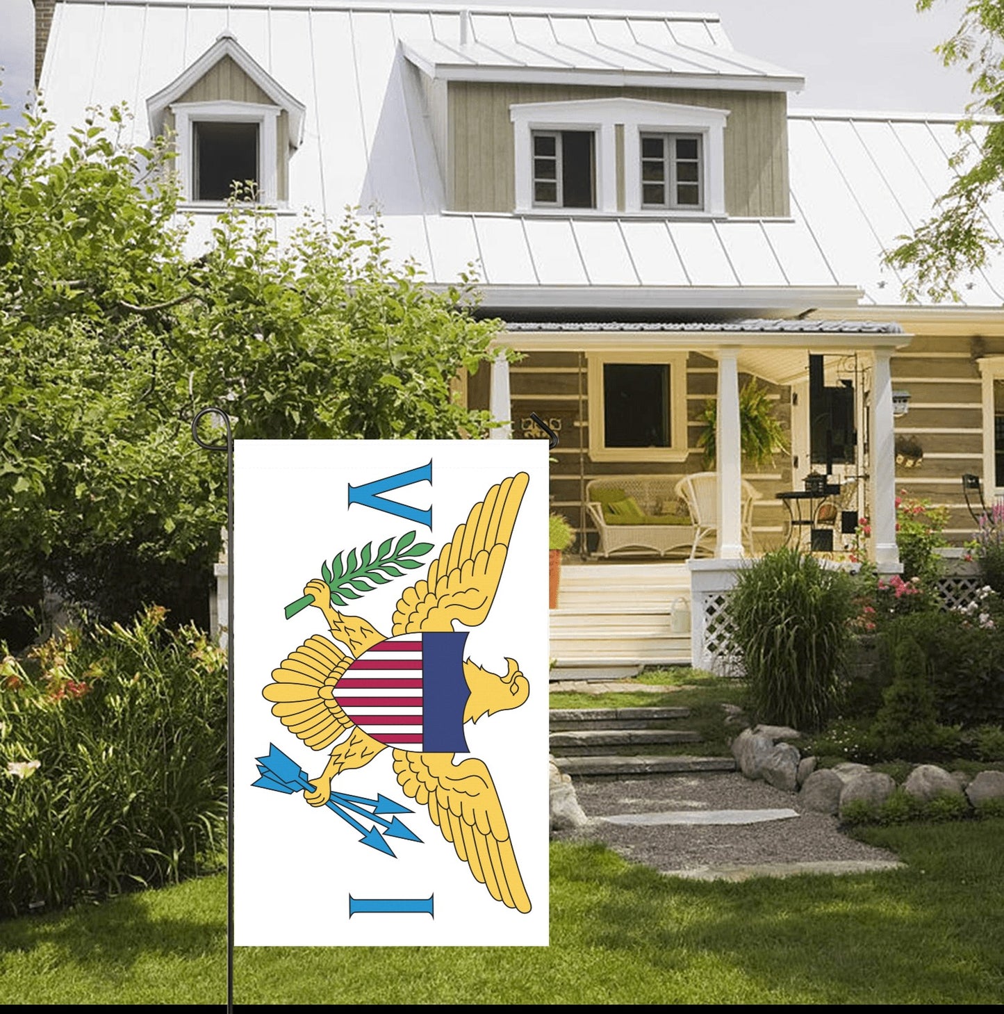 "Luv My Flag garden flag outside charming home with porch."