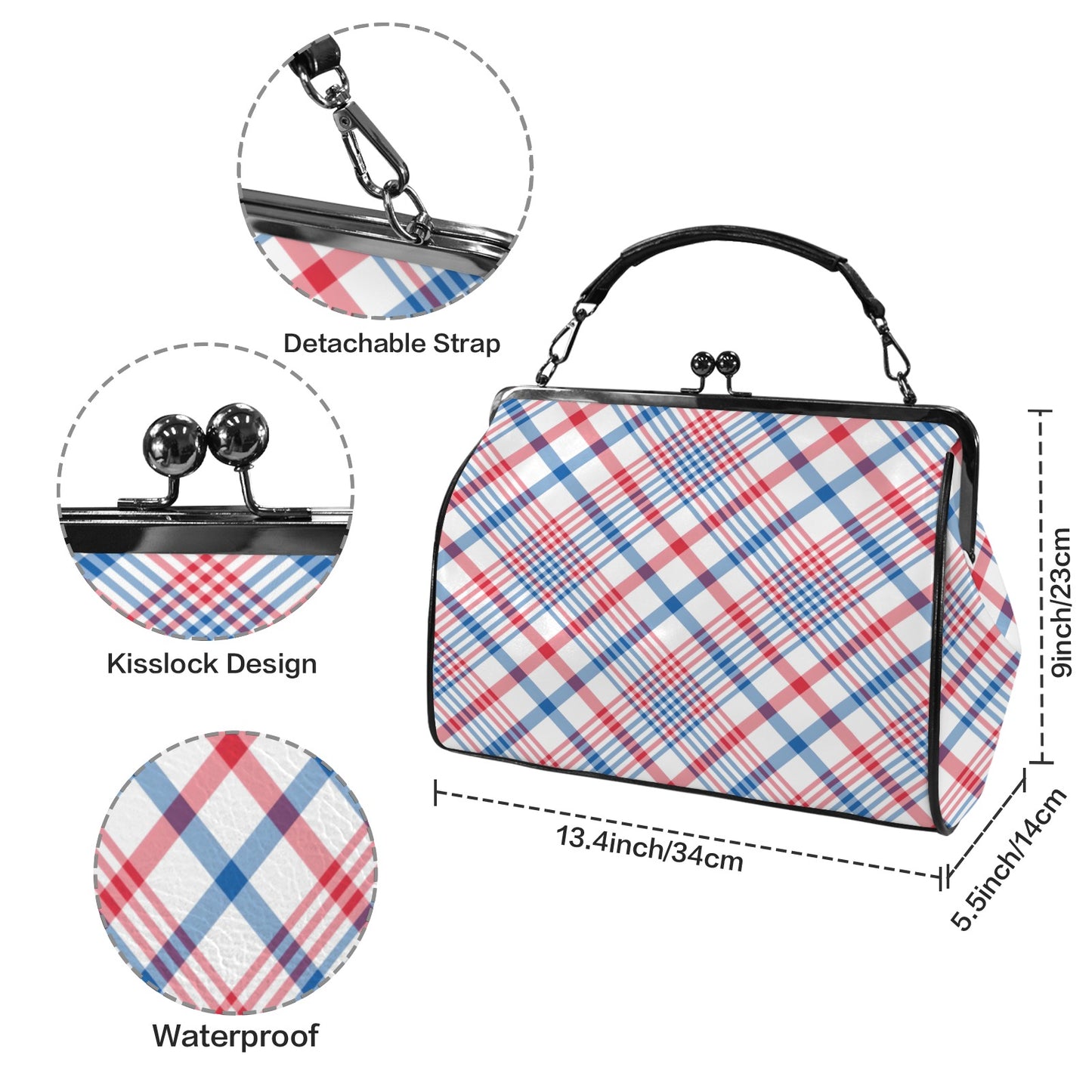 USA/American Flag Inspired Plaid Pattern Kisslock Crossbody Shoulder Bag-Large