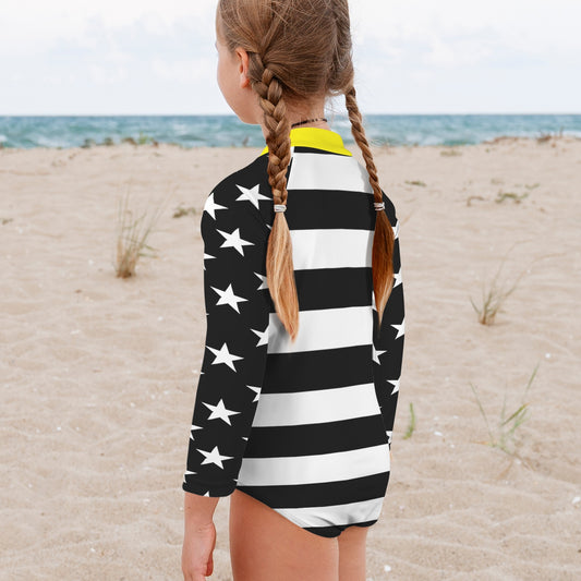 Thin Gold Line Flag Little Girls' Long Sleeve One-Piece Swimsuit
