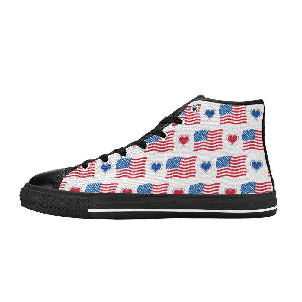 USA/American Flag with Hearts Pattern Mens High Top Canvas Shoes