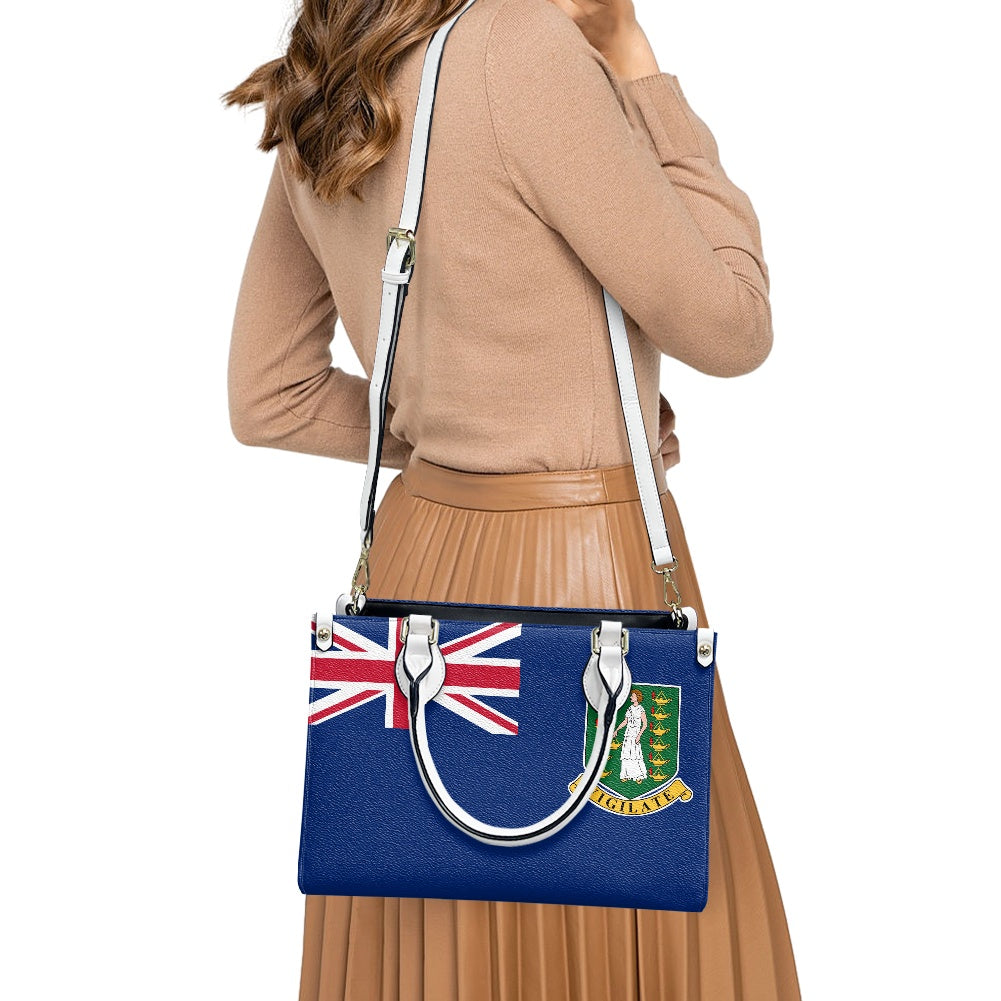 Woman carrying Luv My Flag purse with British design.