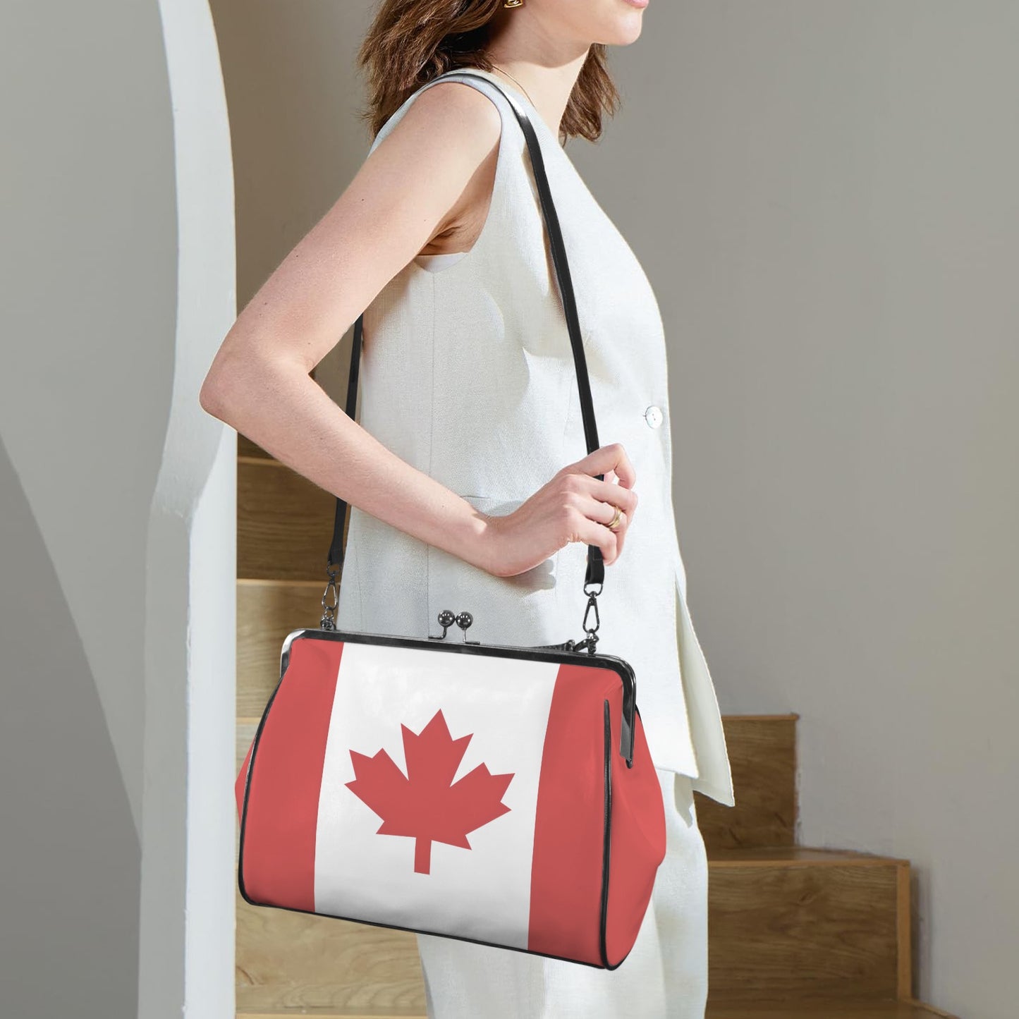 Canada Flag Inspired Kisslock Crossbody Shoulder Bag-Large