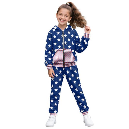 Child wearing a patriotic outfit with American flag design on a white background