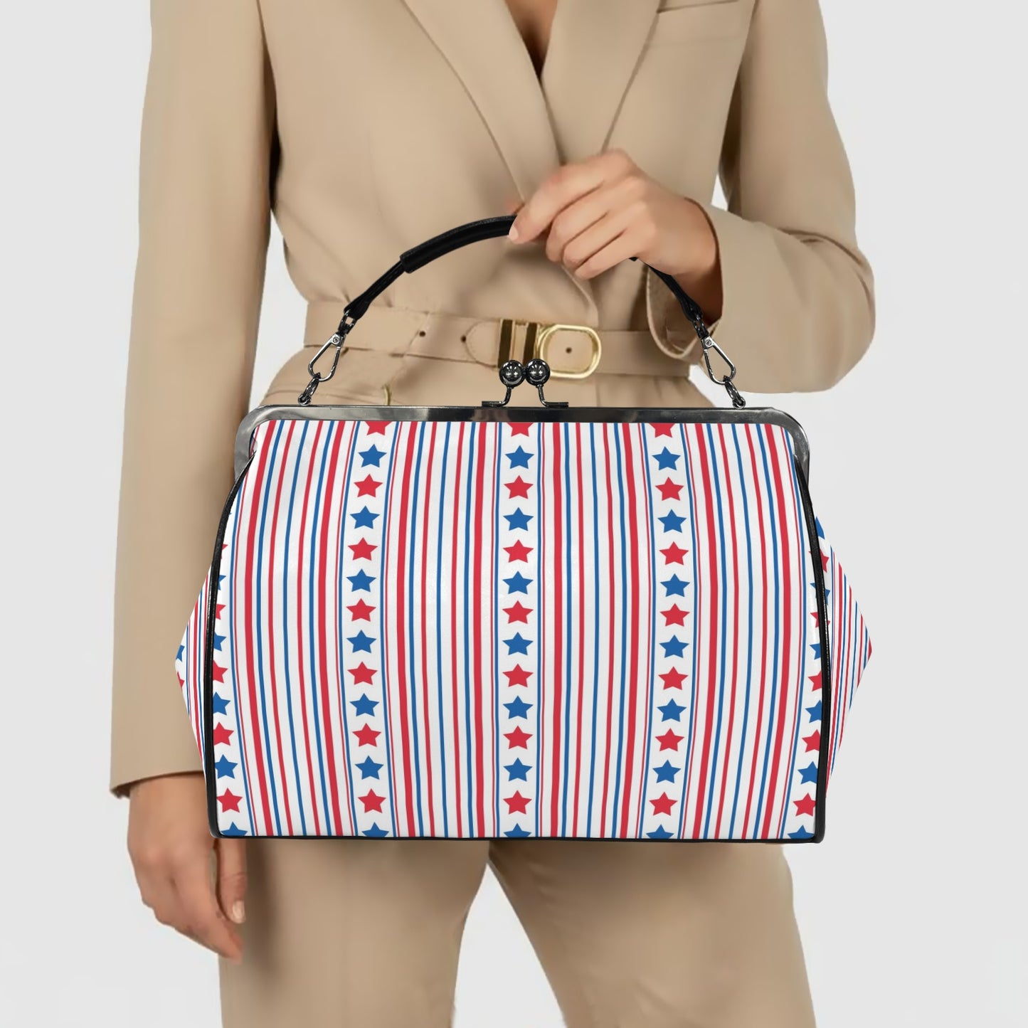 USA/American Flag Inspired Stars & Stripes Pattern Kisslock Crossbody Shoulder Bag-Large