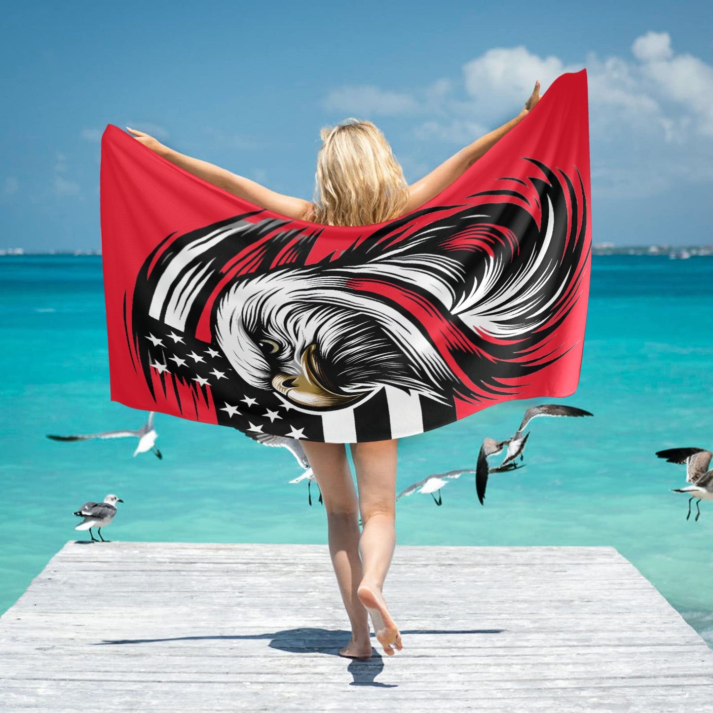 Thin Red Line Flag Inspired Eagle Beach Towel 31"x71" (Made in USA)