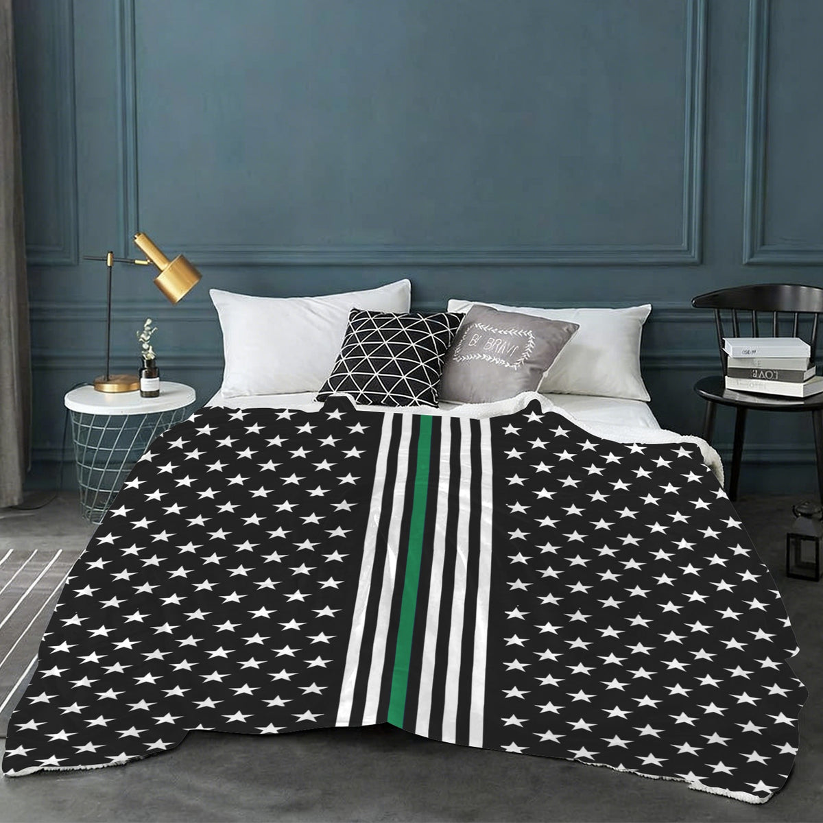 Thin Green Line Flag Inspired Style-2 Sherpa Fleece Blanket 90" x 108" | Prtinted in the USA