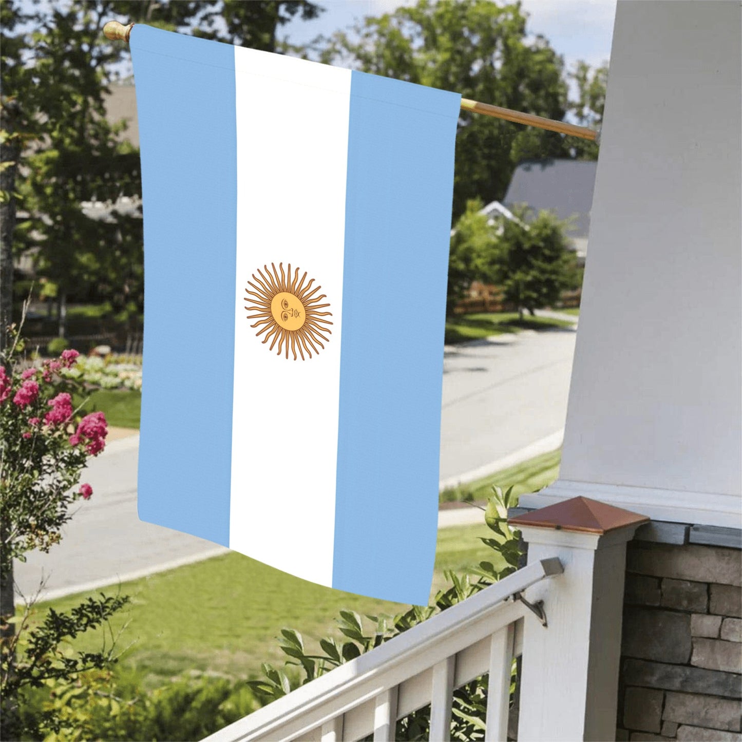 Argentinian flag by Luv My Flag, displayed on porch.
