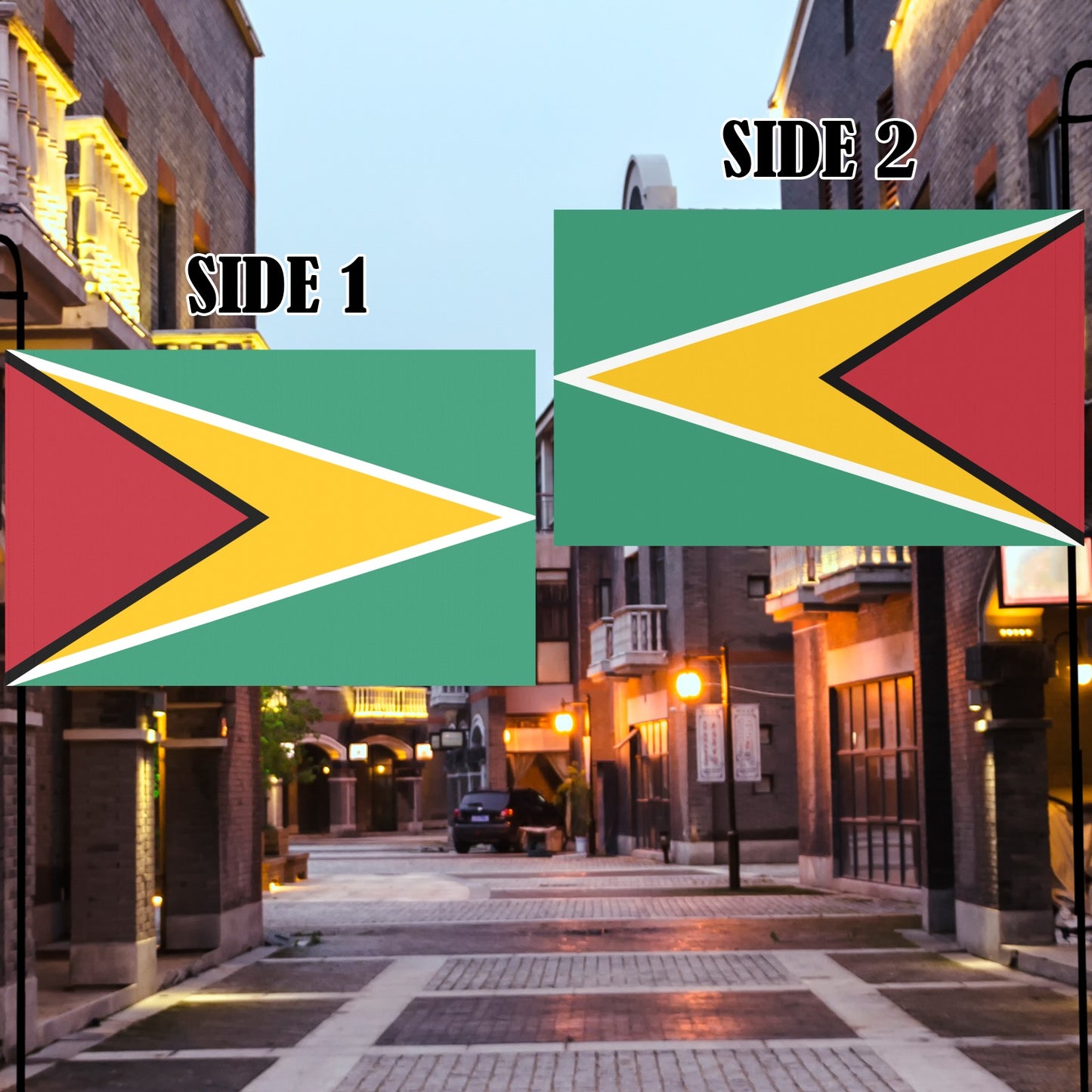 Street showcasing two Guyana flags by Luv My Flag.