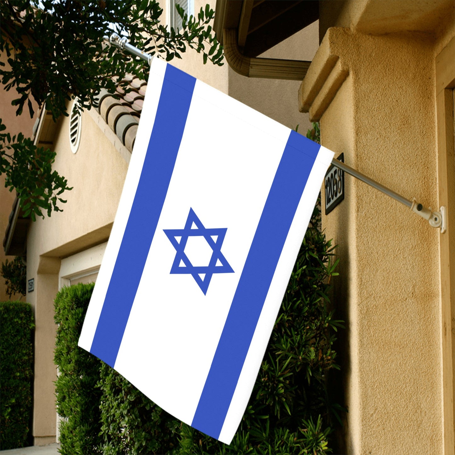 Israeli flag on house, displayed by Luv My Flag.