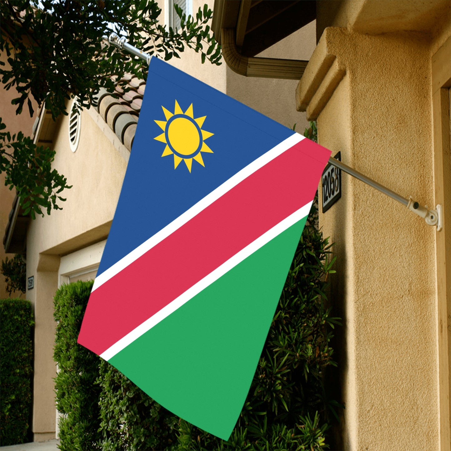 House displaying Namibia flag from Luv My Flag brand.