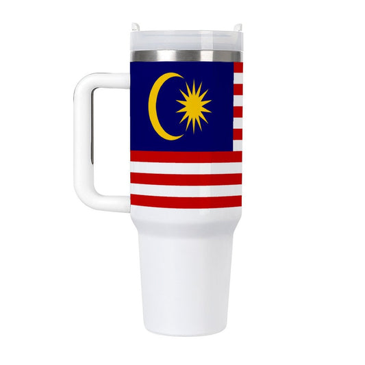 Malaysia Flag tumbler with handle, white base.