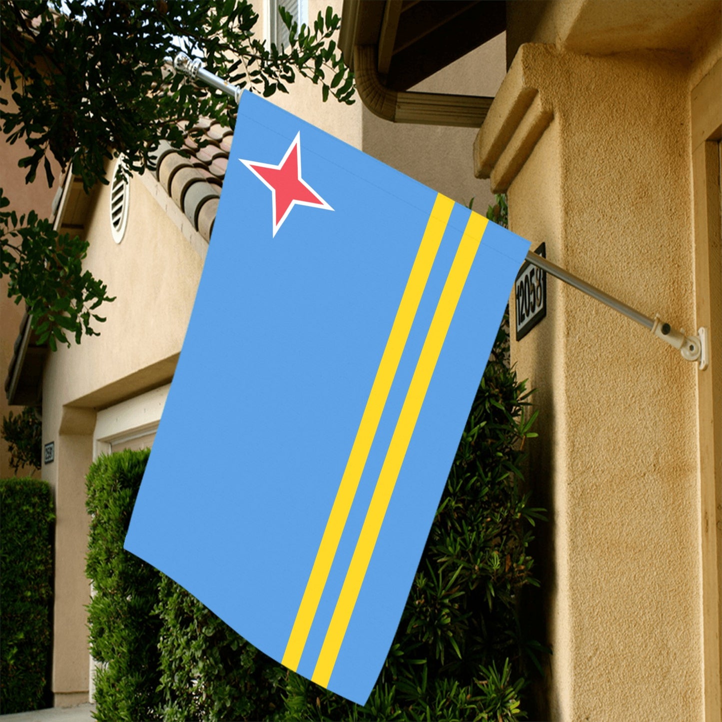 House displaying Luv My Flag with yellow stripes, star.