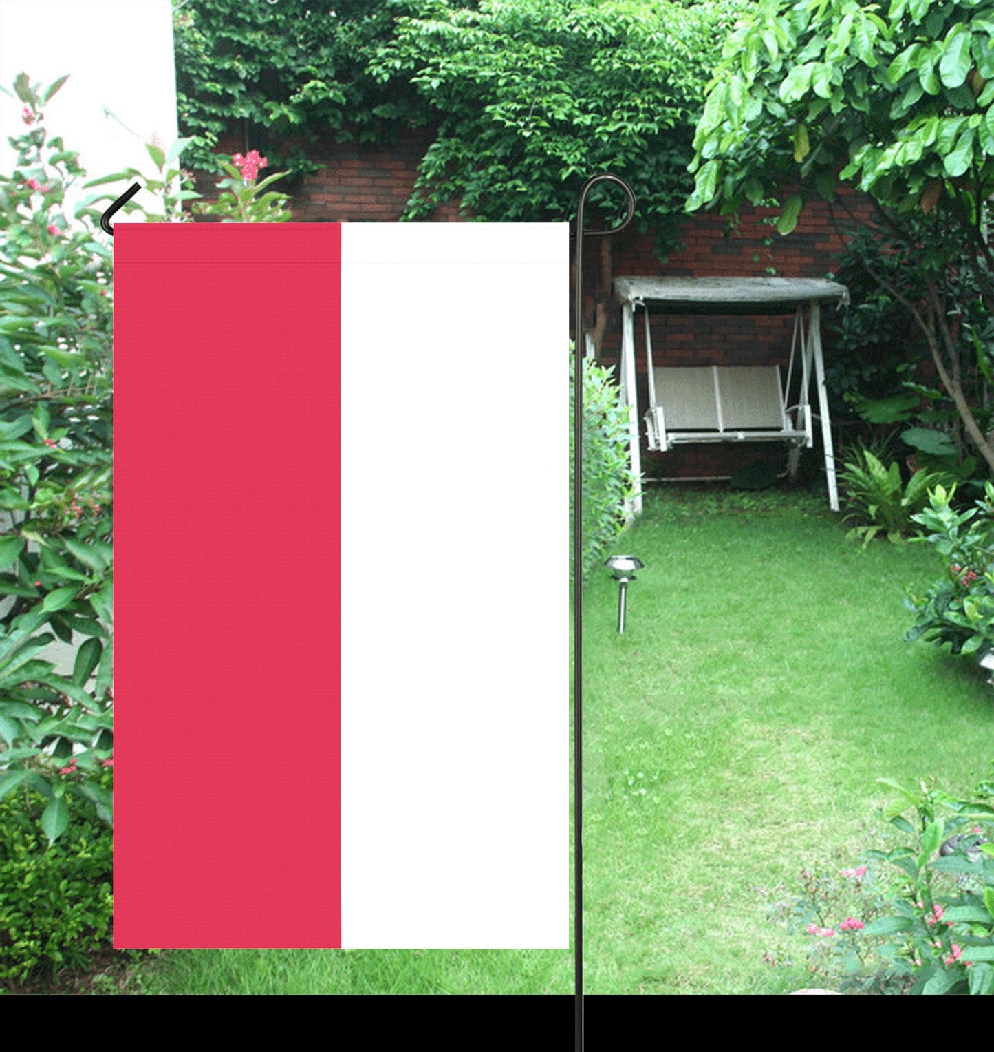 Luv My Flag garden flag with swing and greenery.