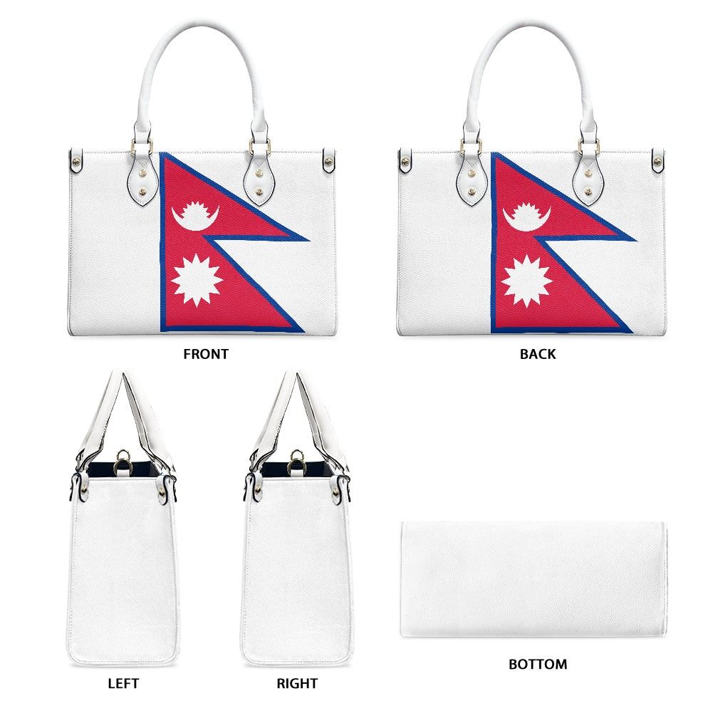 White handbag featuring Nepal flag design by Luv My Flag.