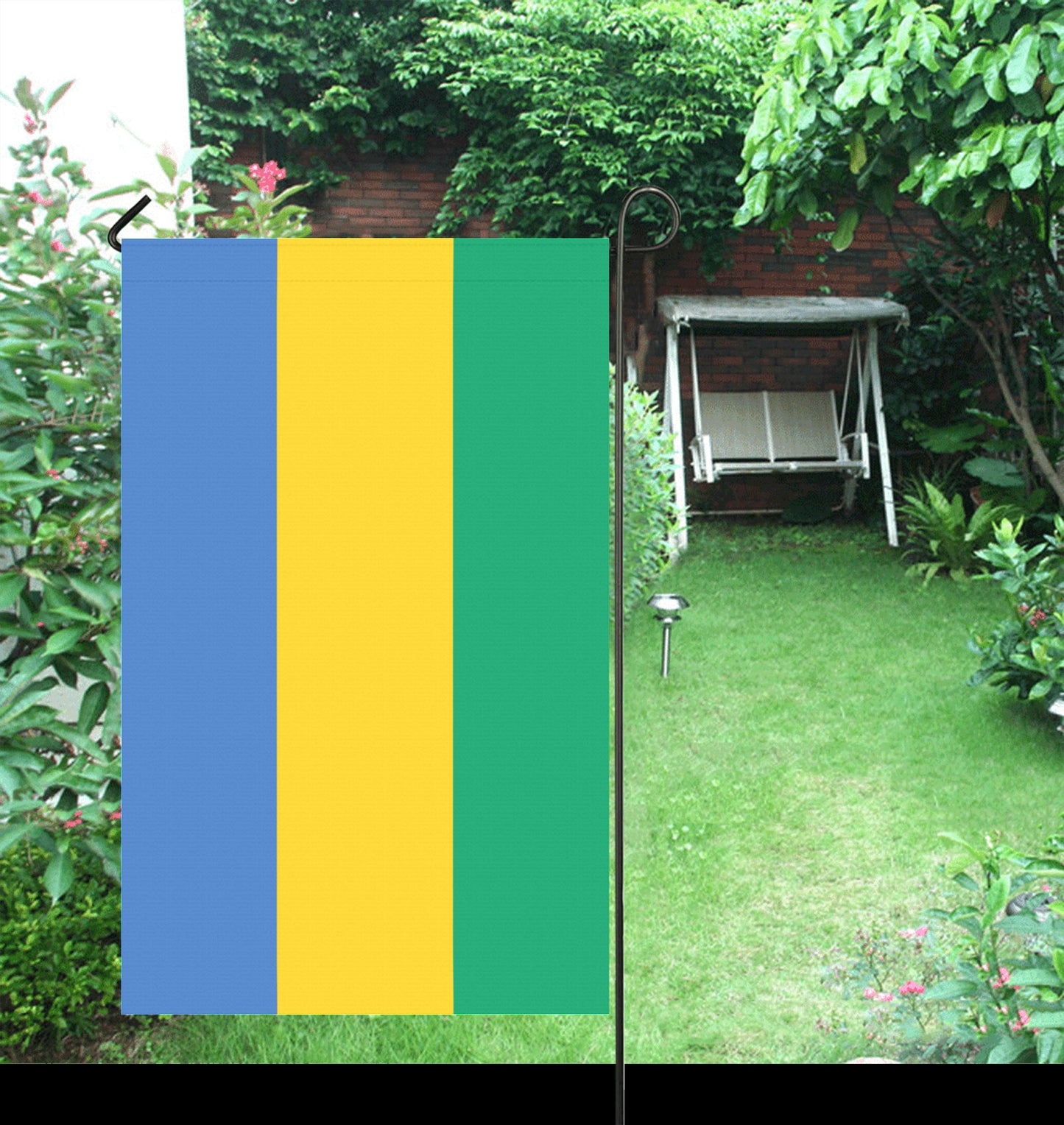 Garden with Luv My Flag, stripes: blue, yellow, green.