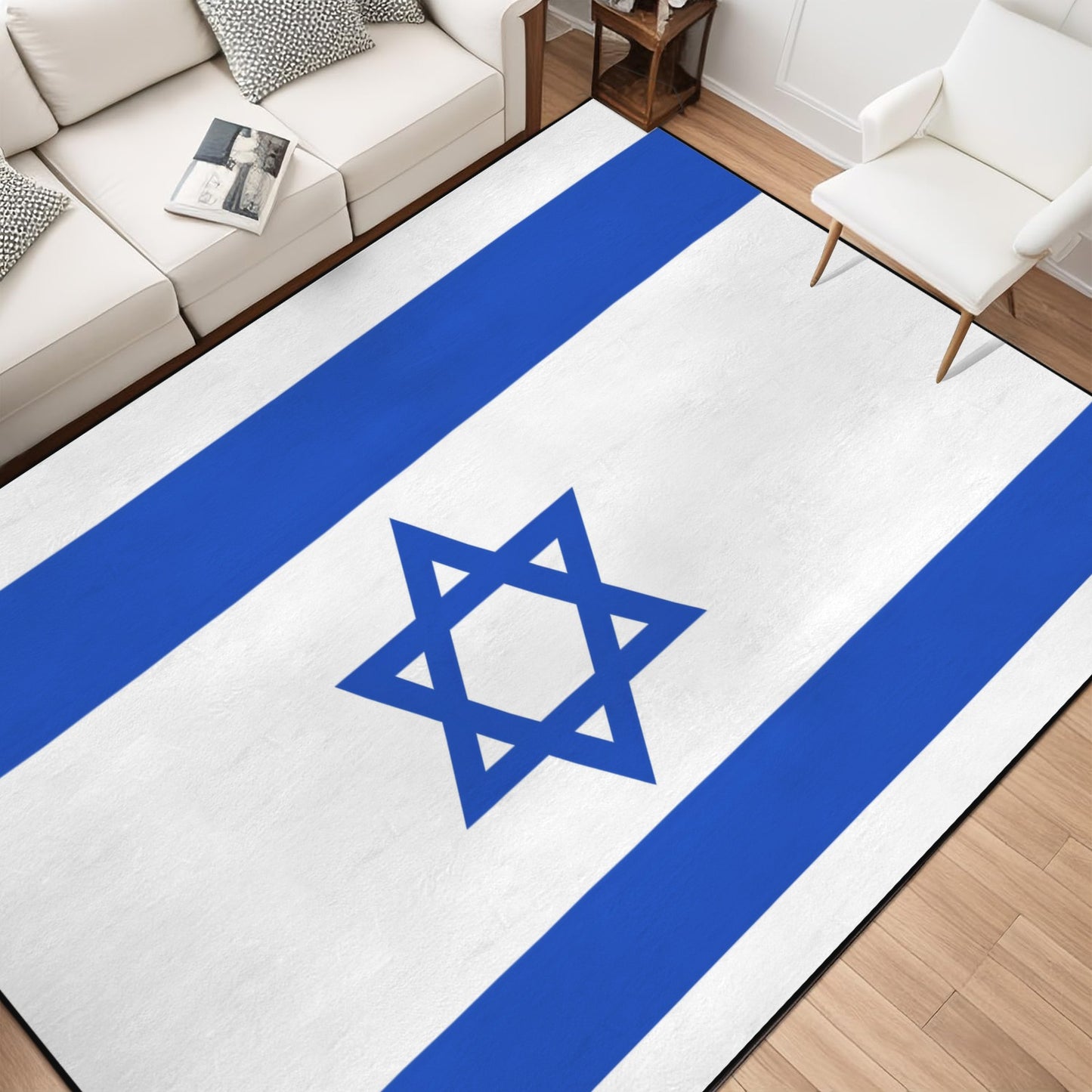 Israel Flag Inspired 84x60 Inch Area Rug with Black Binding (Made in the USA)