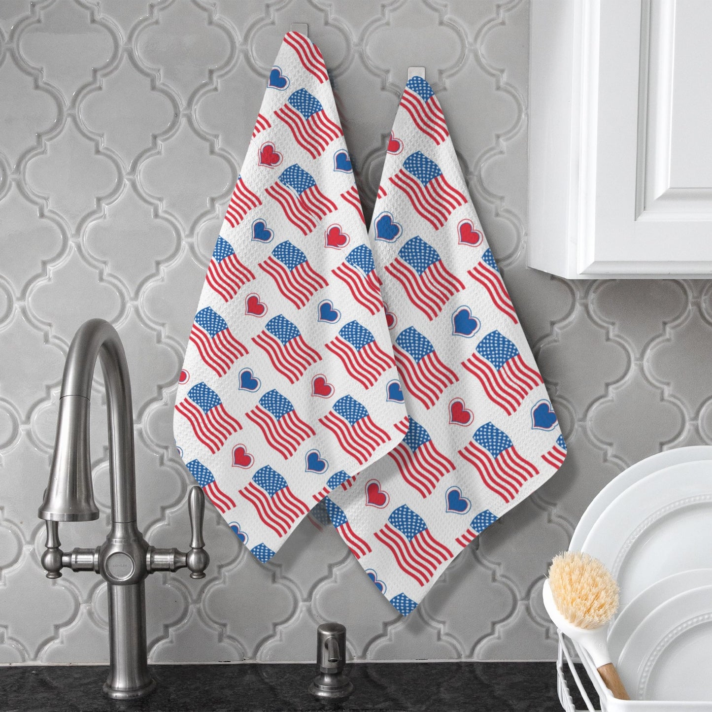 USA/American Flag Inspired Flag and Hearts Pattern Kitchen Towel 40X60cm (Pack of 2) (Made in the USA)
