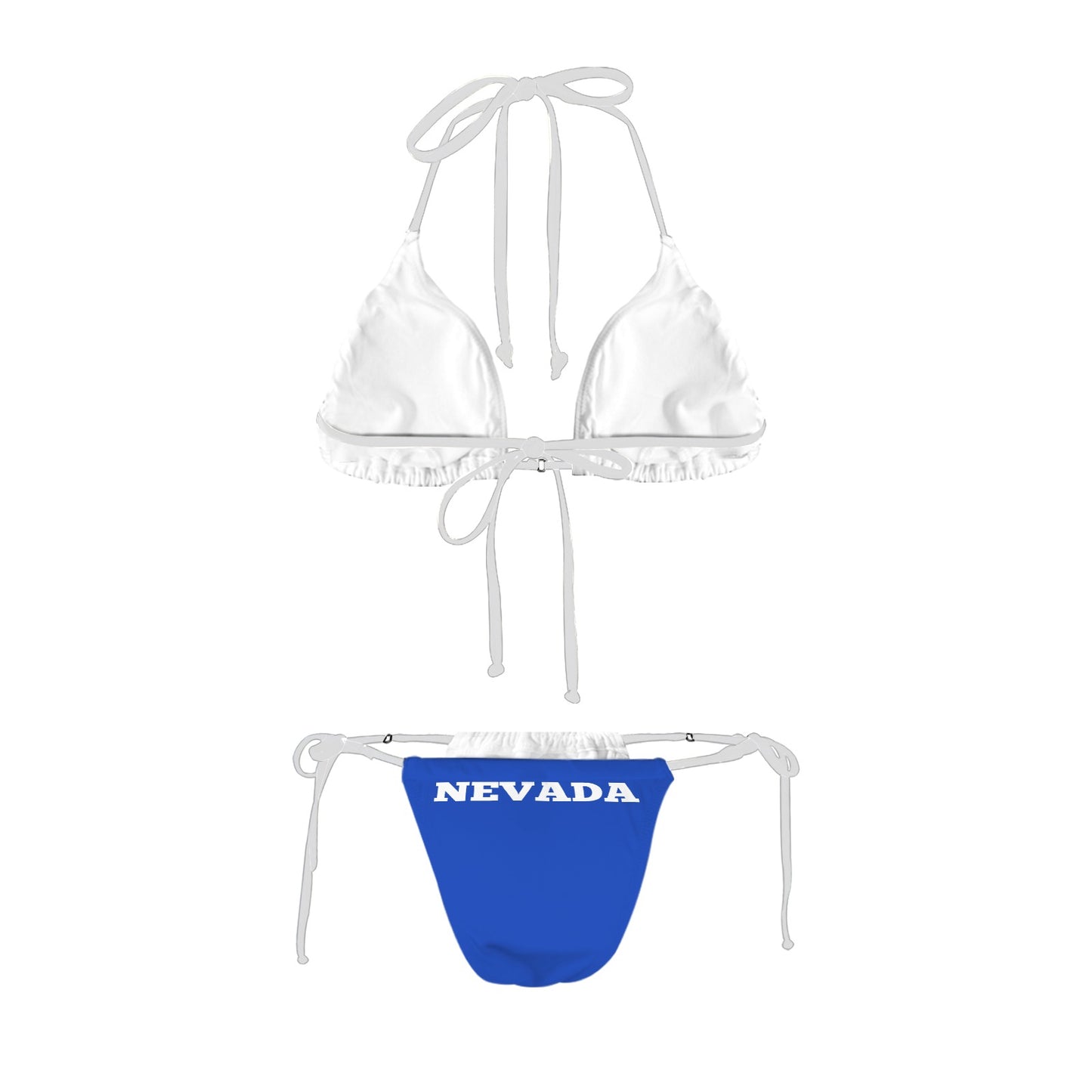 White bikini with "Nevada" on blue bottom, Luv My Flag.