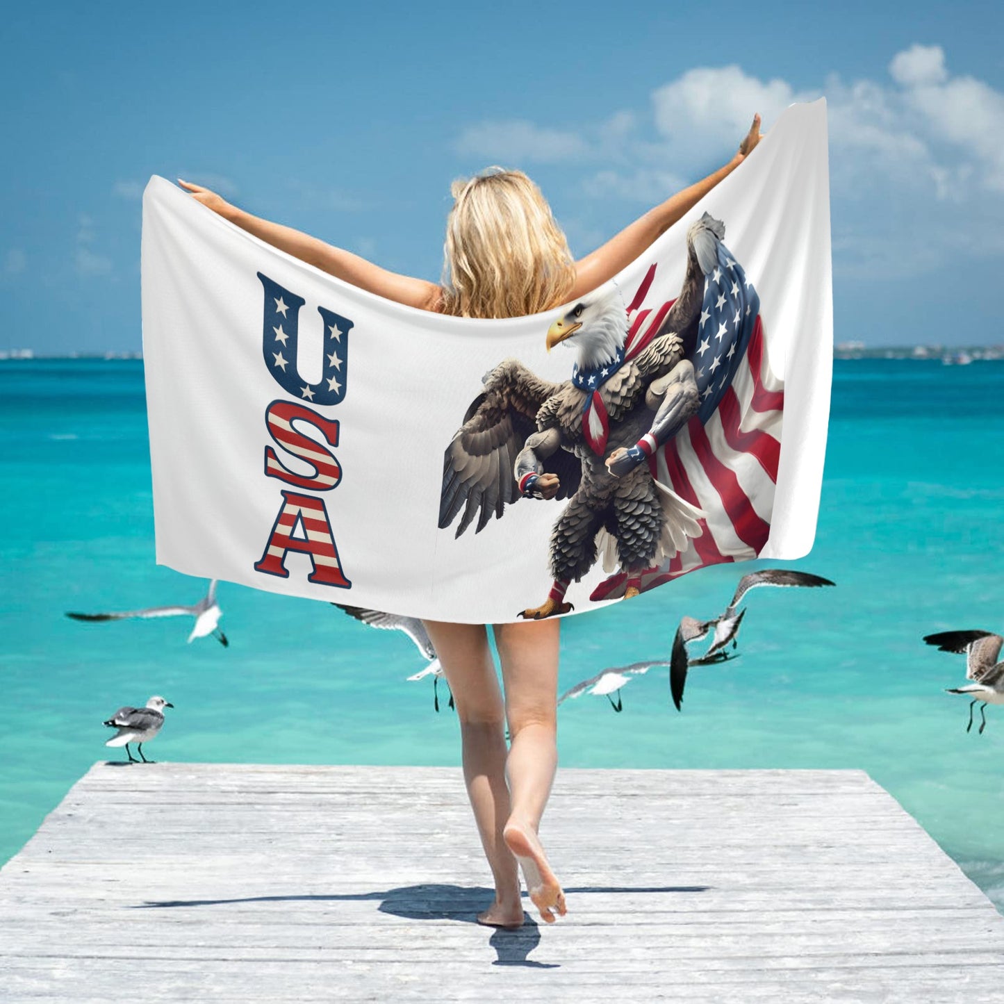 USA/American Flag Inspired Eagle with Cape "USA" Beach Towel 31"x71" (Made in USA)
