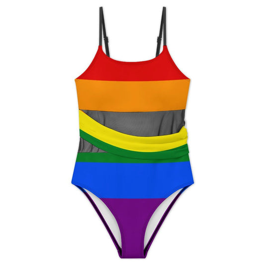 Rainbow Flag Inspired Women's Square Neck Mesh Spliced One Piece Swimsuit