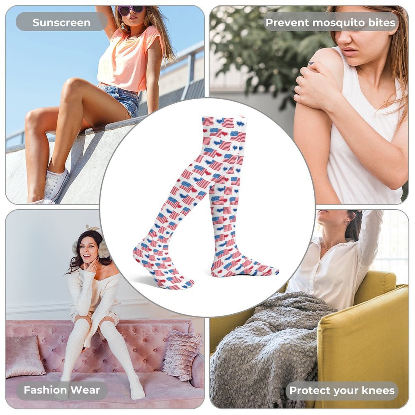 USA/American Flag Inspired Design With Hearts Trendy Stockings(Long)