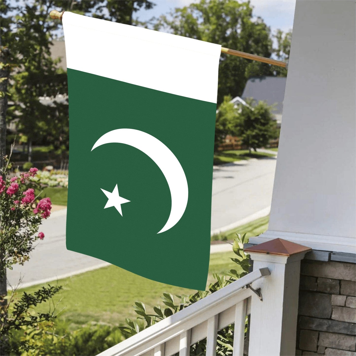 Luv My Flag: Pakistan flag displayed on porch exterior.