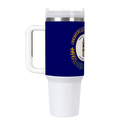 Kentucky State Flag travel mug, white handle.