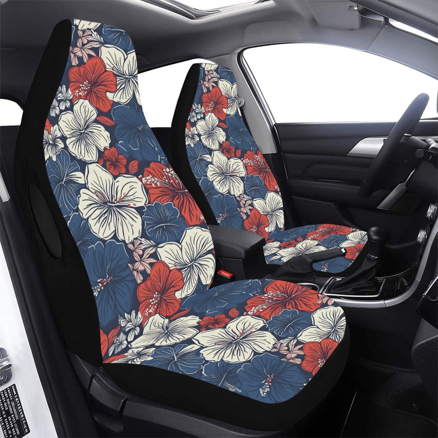 USA/American Flag Inspired Hawaiian Floral Pattern Car Seat Cover Airbag Compatible(Set of 2)