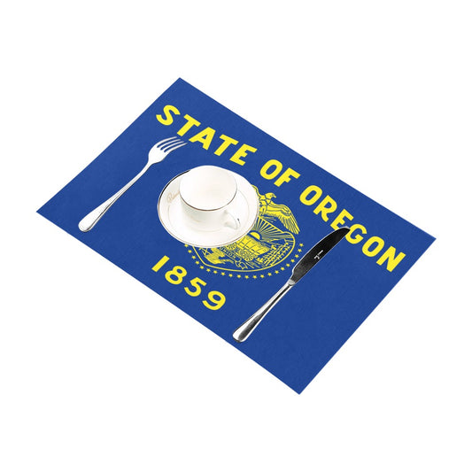Cup and cutlery on Luv My Flag Oregon placemat.