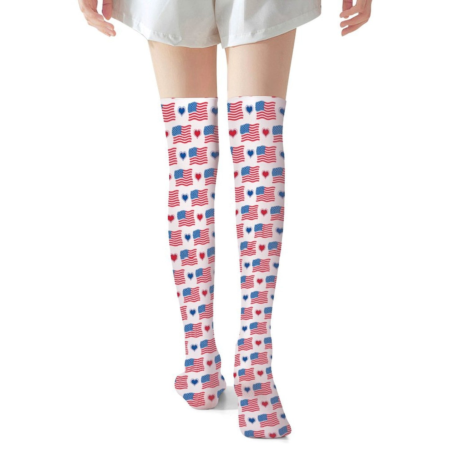 USA/American Flag Inspired Design With Hearts Trendy Stockings(Long)